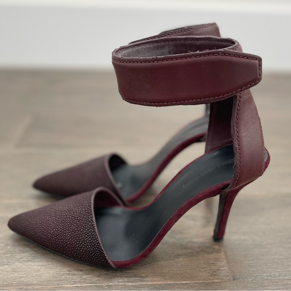 Alexander Wang burgundy leather, suede and snakeskin textured, Ankle Strap Heels